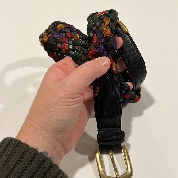 Vintage - leather and silk like woven belt, brass hardware‎ main image 8